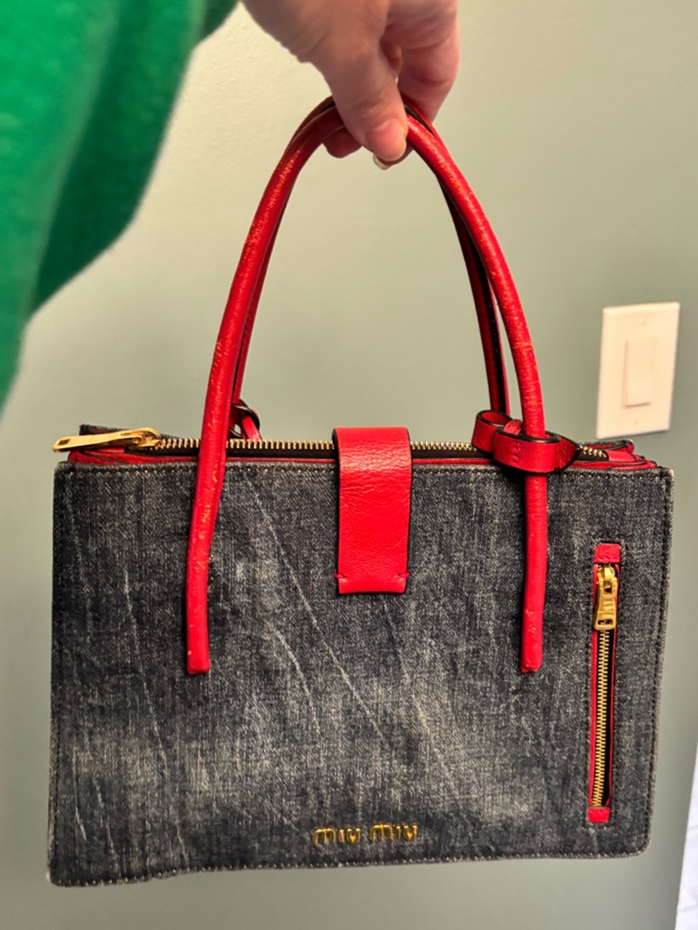 Miu Miu Denim Satchel with Red Leather Trim - Picture 2 of 15